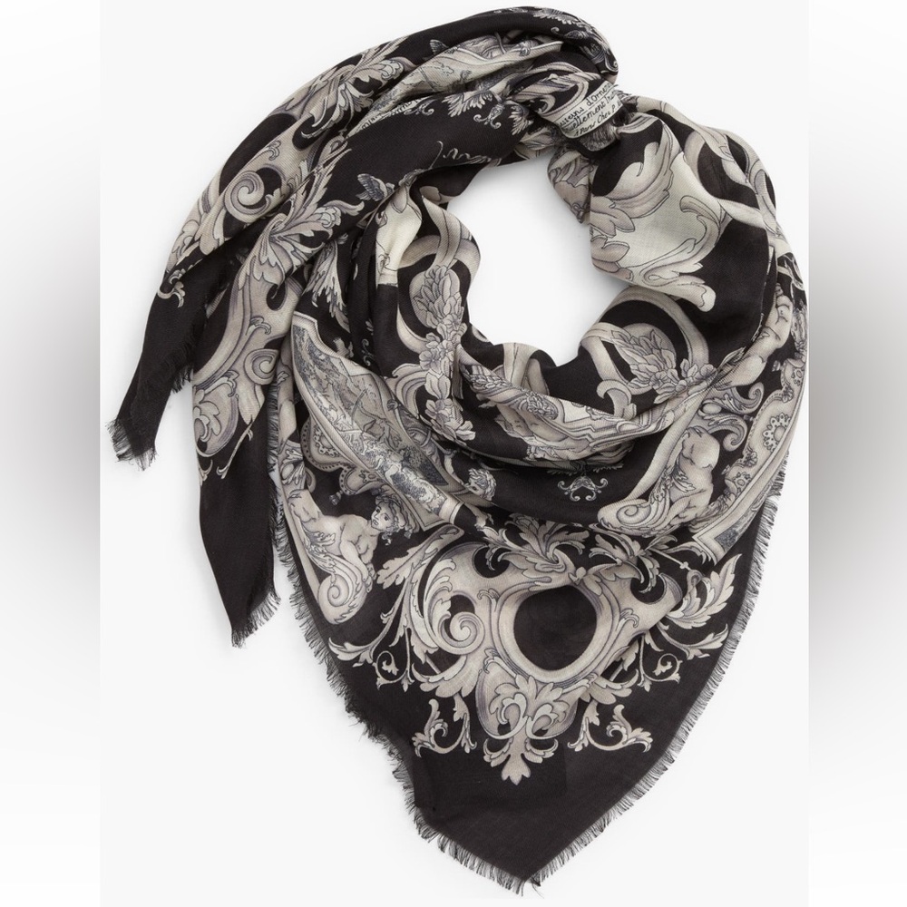 Versace Black & White Baroque Print Wool & Silk Scarf 52" square - Picture 3 of 6